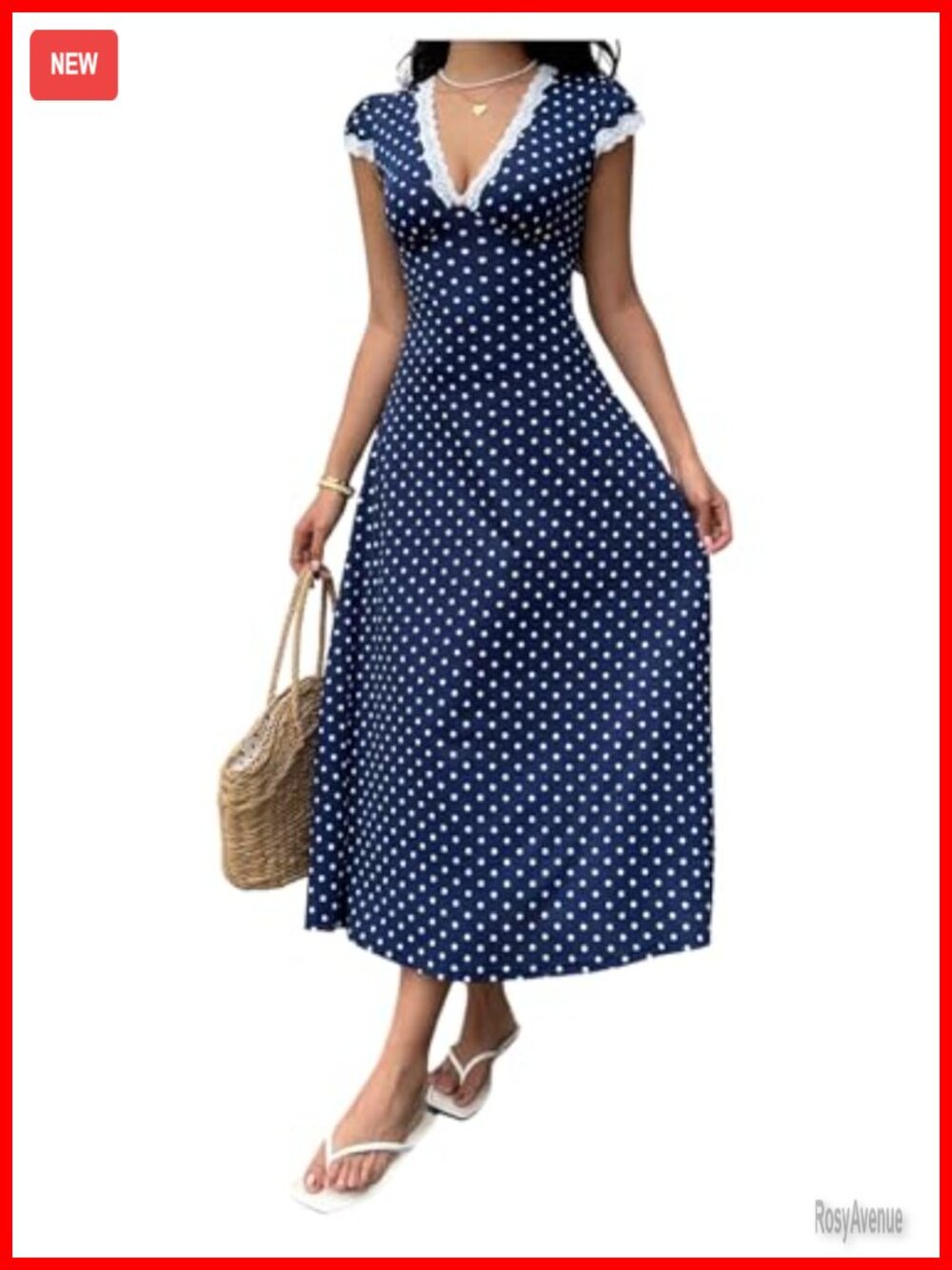 Polka Dots Lace Trim Deep V Neck Short Sleeve Flared Maxi Dress